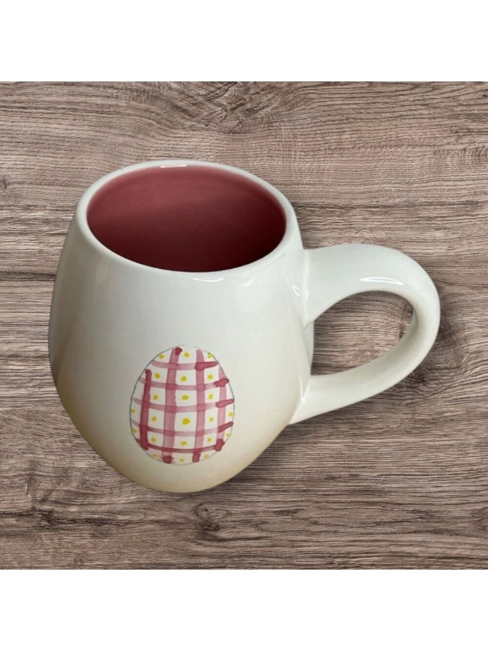 Rae Dunn Happy Easter Coffee Cup Mug Pink Plaid Egg Artisan Collection 16 oz